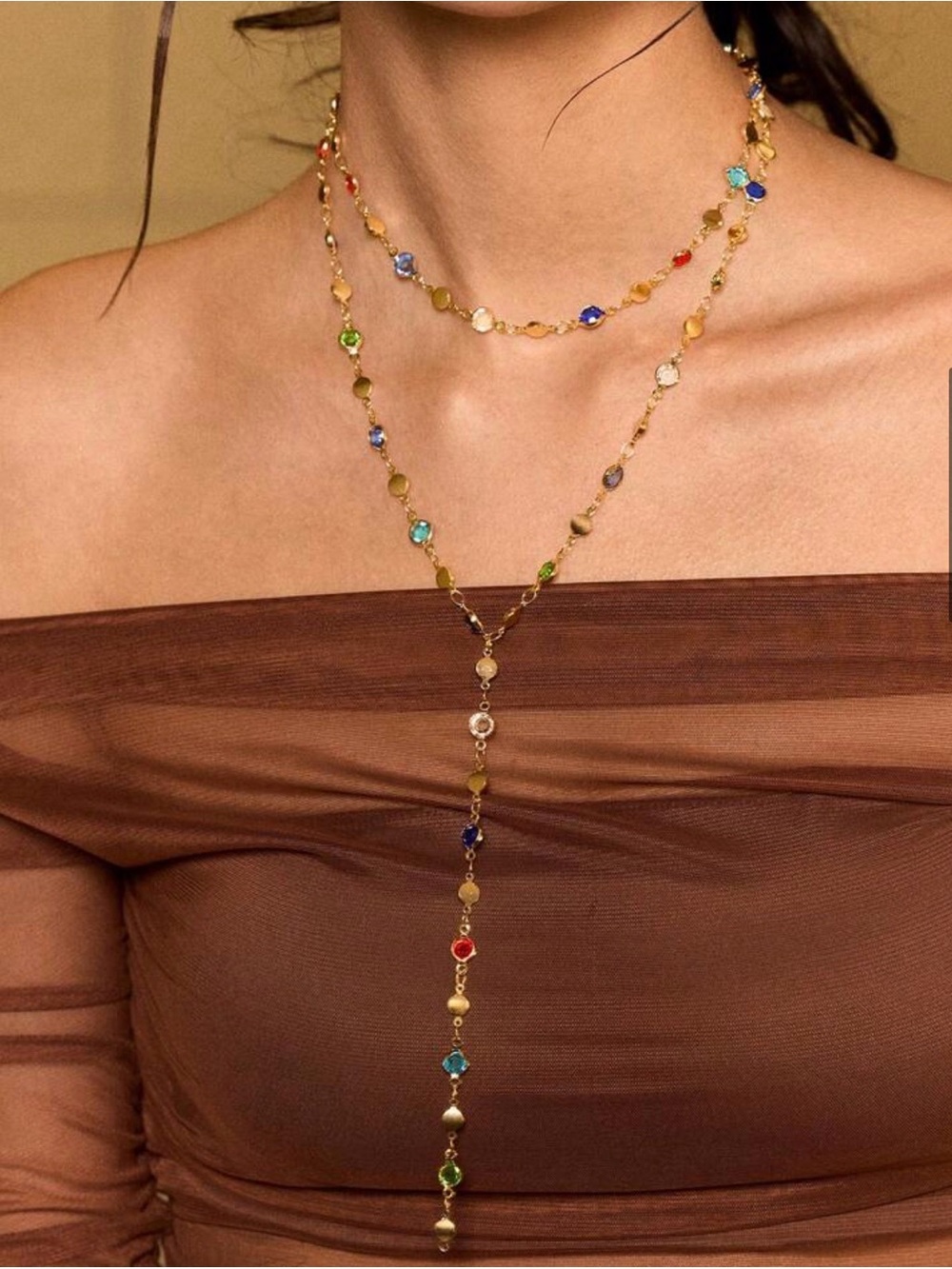 Gold Tone Multicolour Beaded Lariat Necklace